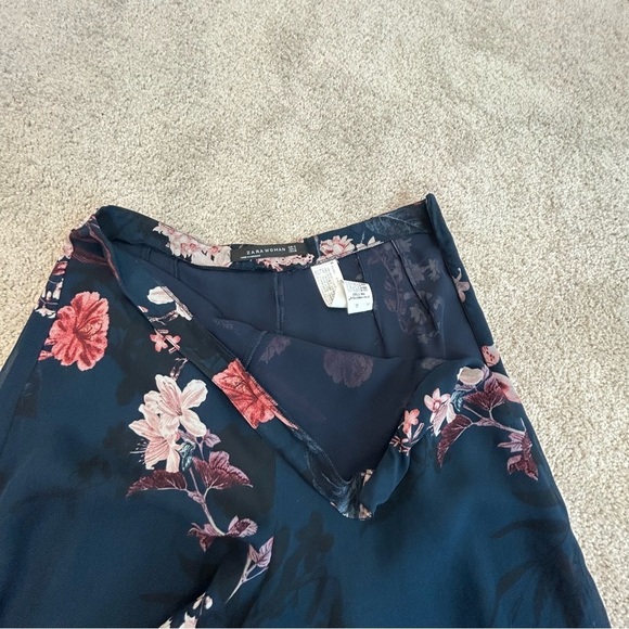 ZARA navy blue pink floral flower chiffon wide leg slit hem pants Sz M - Picture 5 of 14
